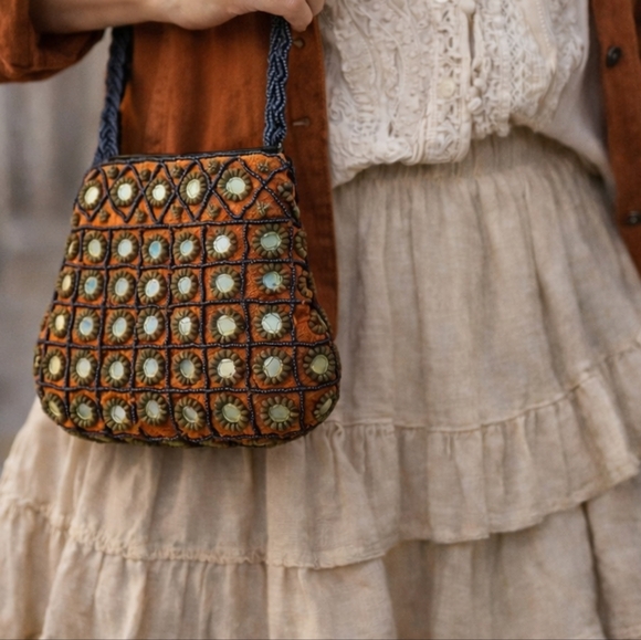 Ethnic Indian Wear Handbags - Handmade Indian Ethnic Beaded Purse Mirror Work Orange Potli Bag